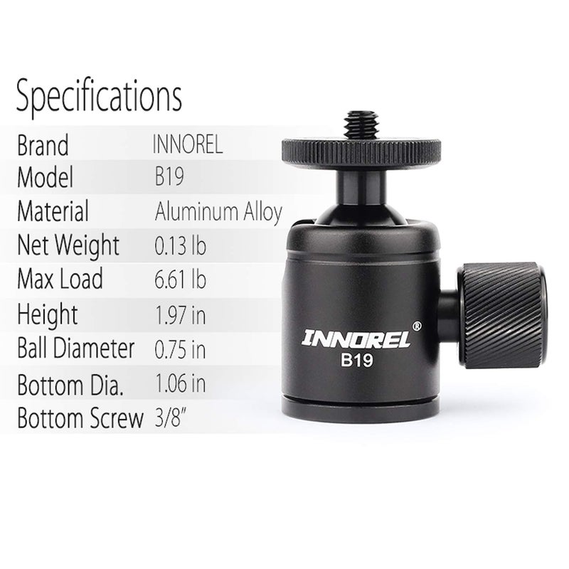 Innorel Mini Tripod Ball Head-INNOREL B19 Mount Head-Metal Ballhead 360Â° Pan 90Â° Tilt Tripods Mount with 3/8" to 1/4" Adapter CNC Ballheads,Max Load 6.61 lb for Phone/DLSR Camera/Mini Holder (1 Piece) - Image 4